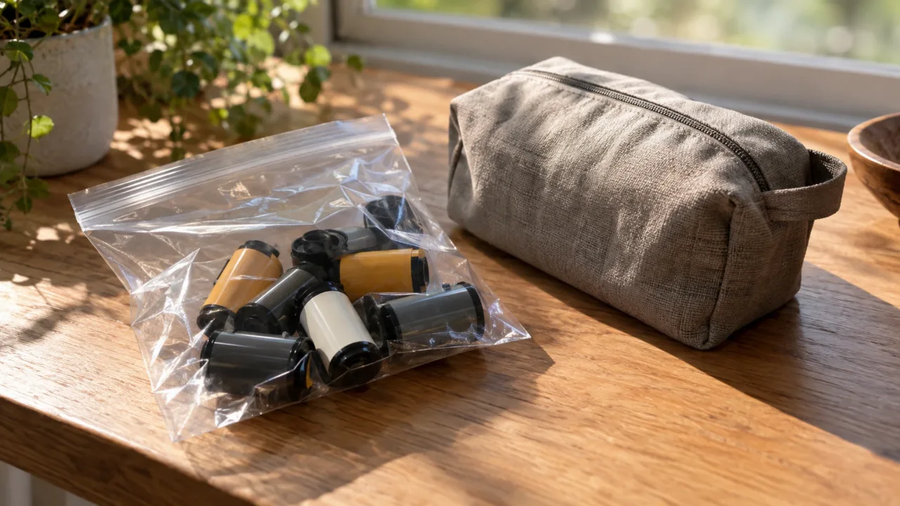 A roll of film in a clear zip bag next to a travel pouch