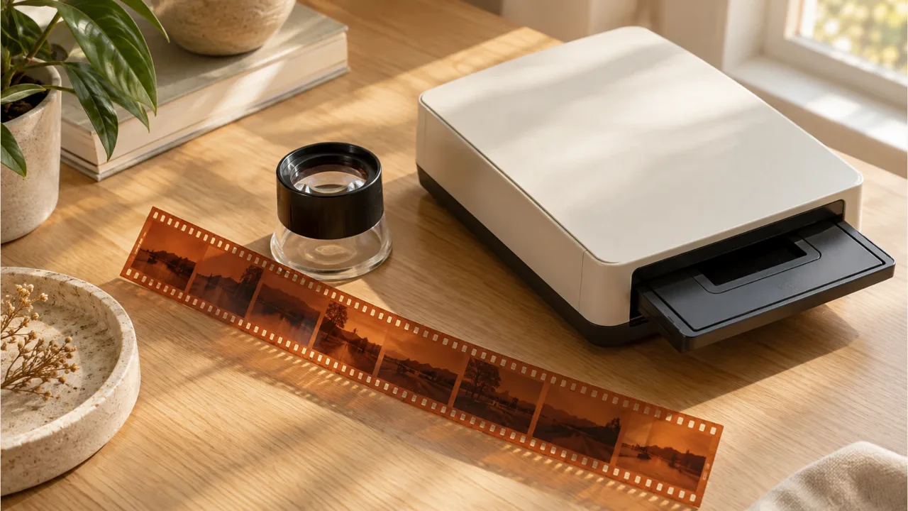 A desk with developed film strips, a loupe, and a film scanner
