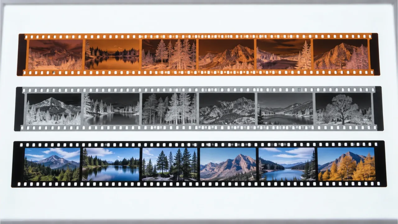 Color negative, black-and-white, and slide film strips side by side on a light box
