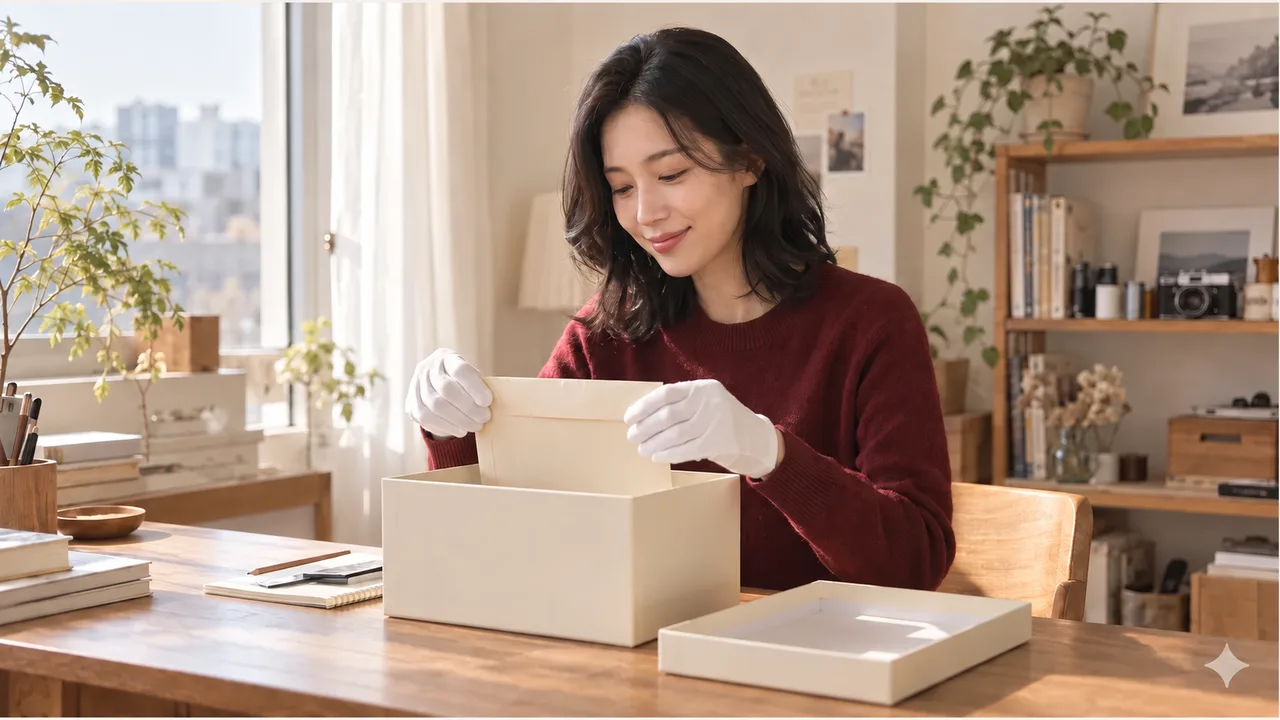 A woman in a burgundy knit top wearing white gloves puts a paper storage envelope into a box at an oak table