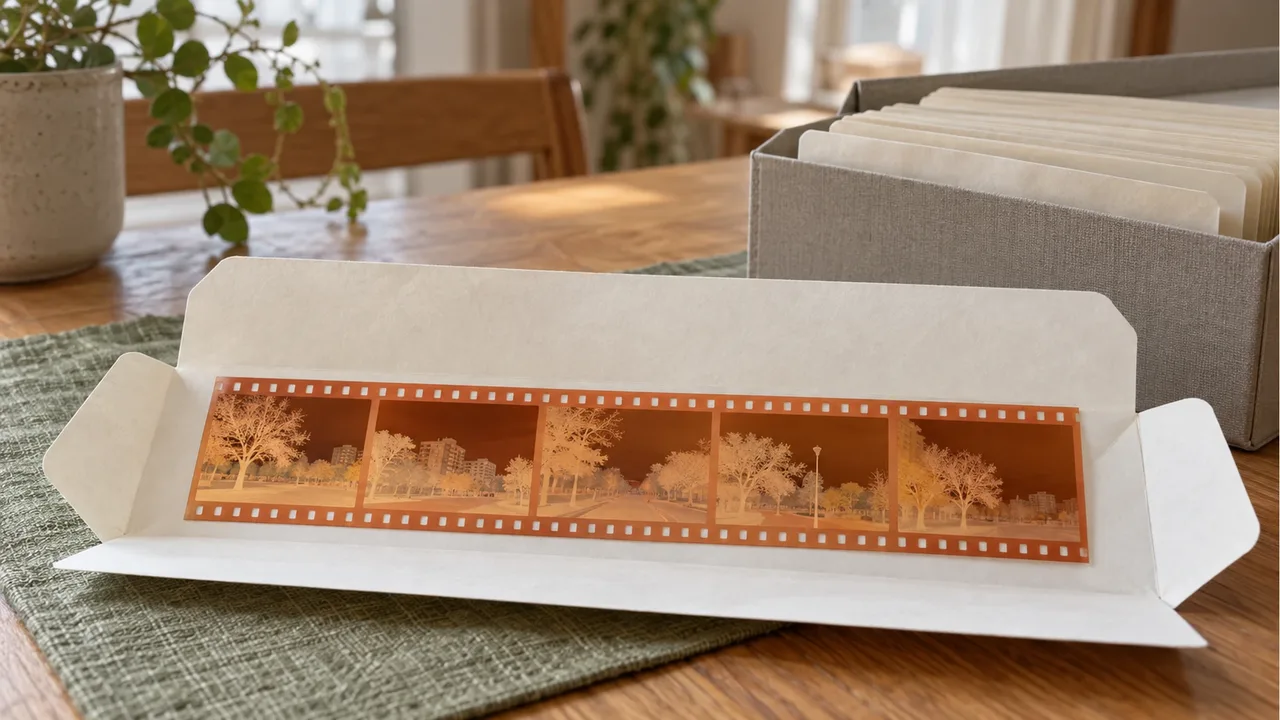 A developed film strip in an open cream paper enclosure beside a box of paper envelopes