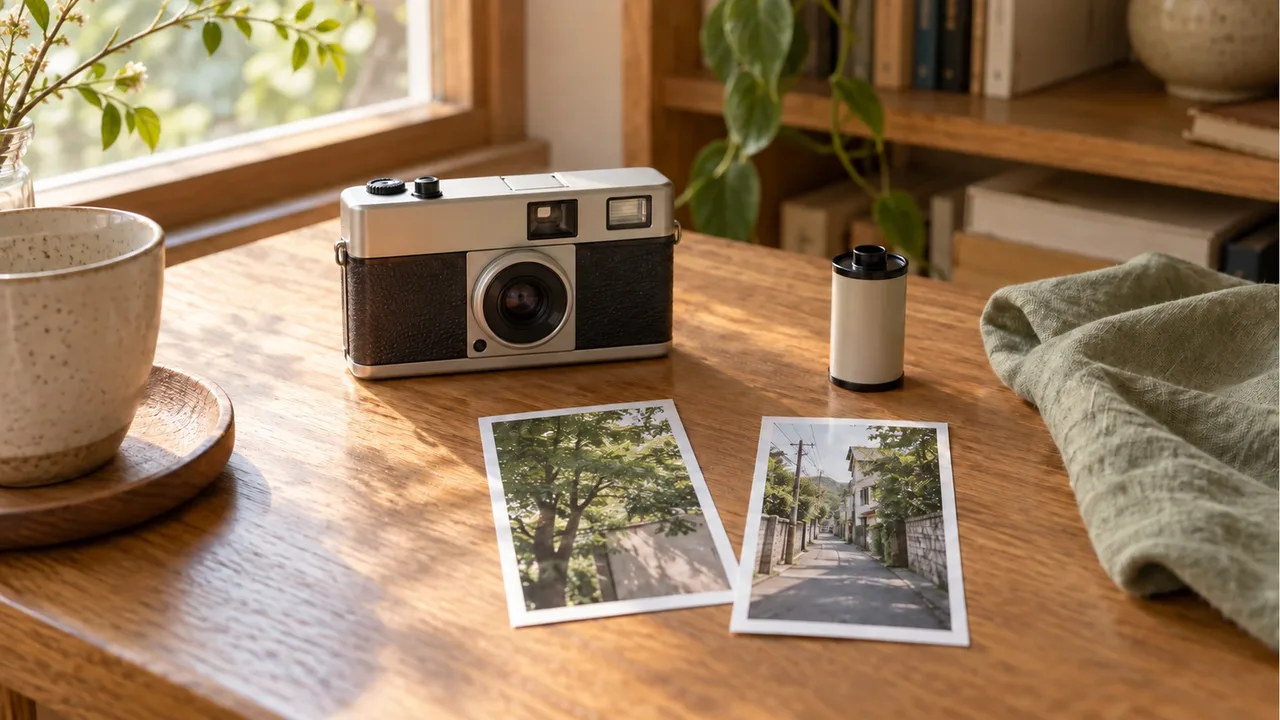A compact film camera, two portrait-format prints, and a plain film cartridge on an oak desk