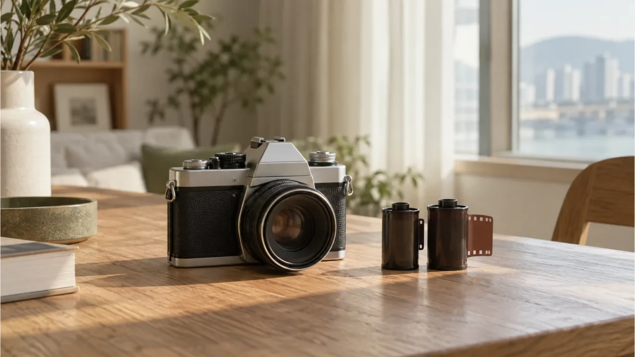 A film camera and two rolls of film on an oak desk by a window
