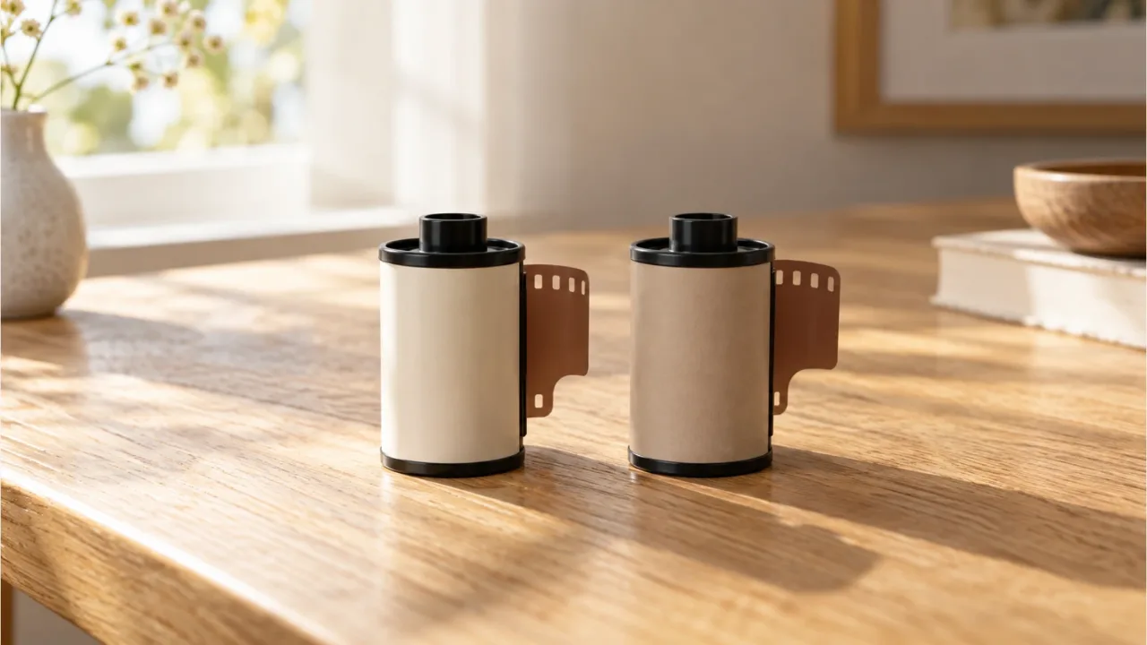Two rolls of film side by side on an oak desk