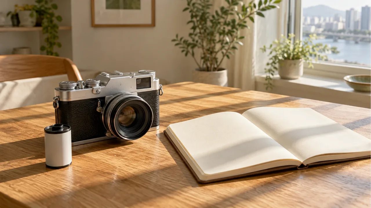 An unbranded film camera, blank notebook and film canister on an oak desk by a sunlit window